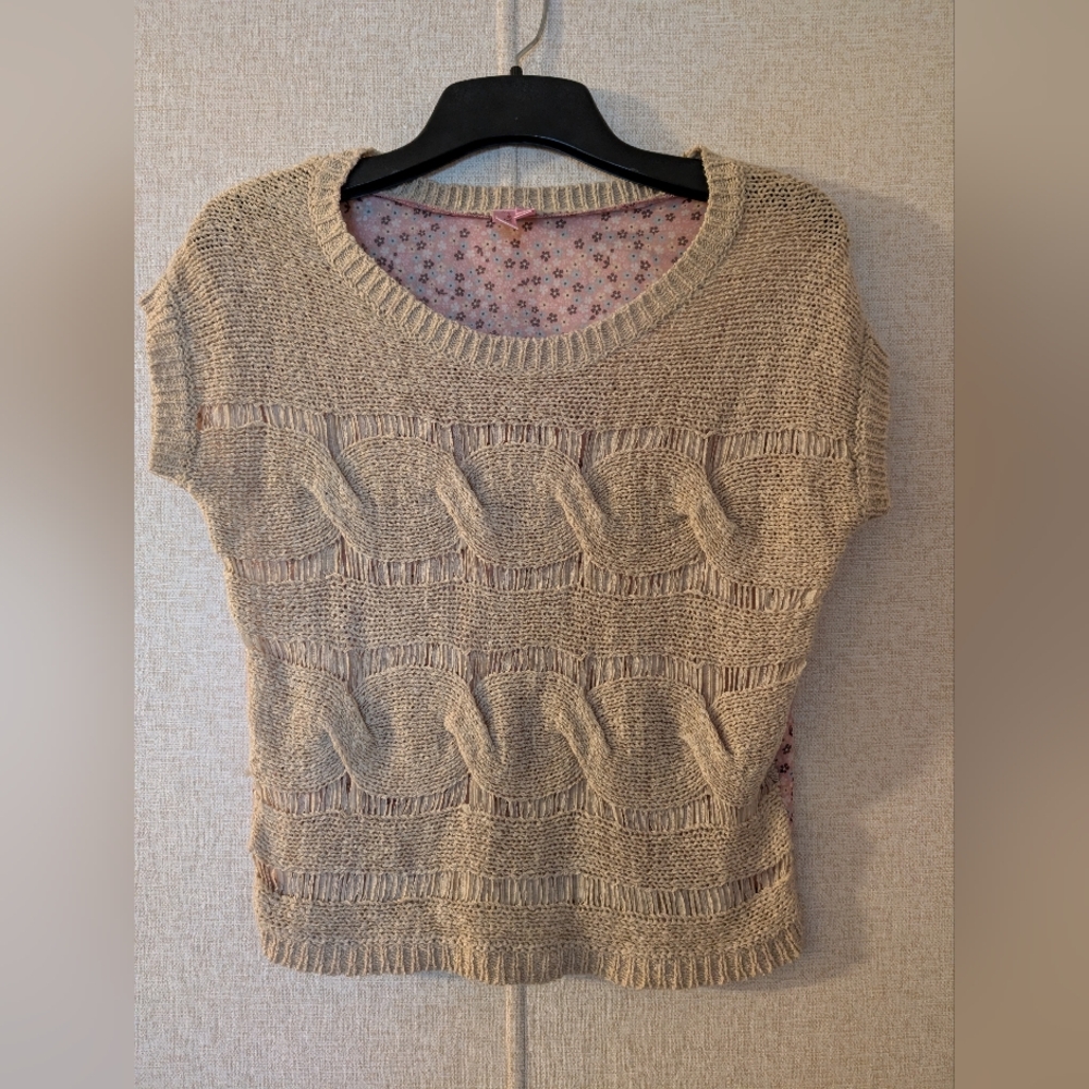 Unique Beige Knit Crew Neck Sweater with Sheer Floral Back